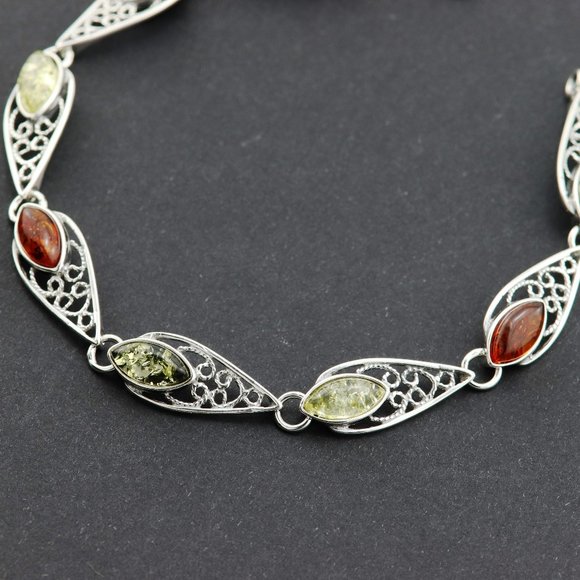 Sterling silver and natural Baltic amber link bracelet - Picture 4 of 13